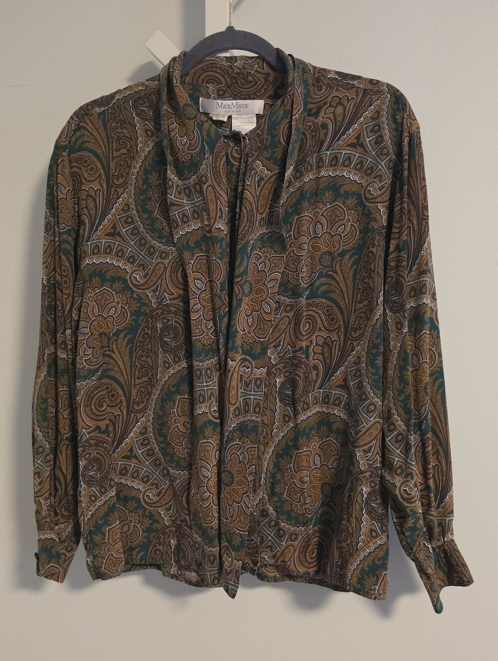 Vintage 1990s MaxMara Silk Paisley Tie Neck Blouse, Made in Italy, Teal Gold Med